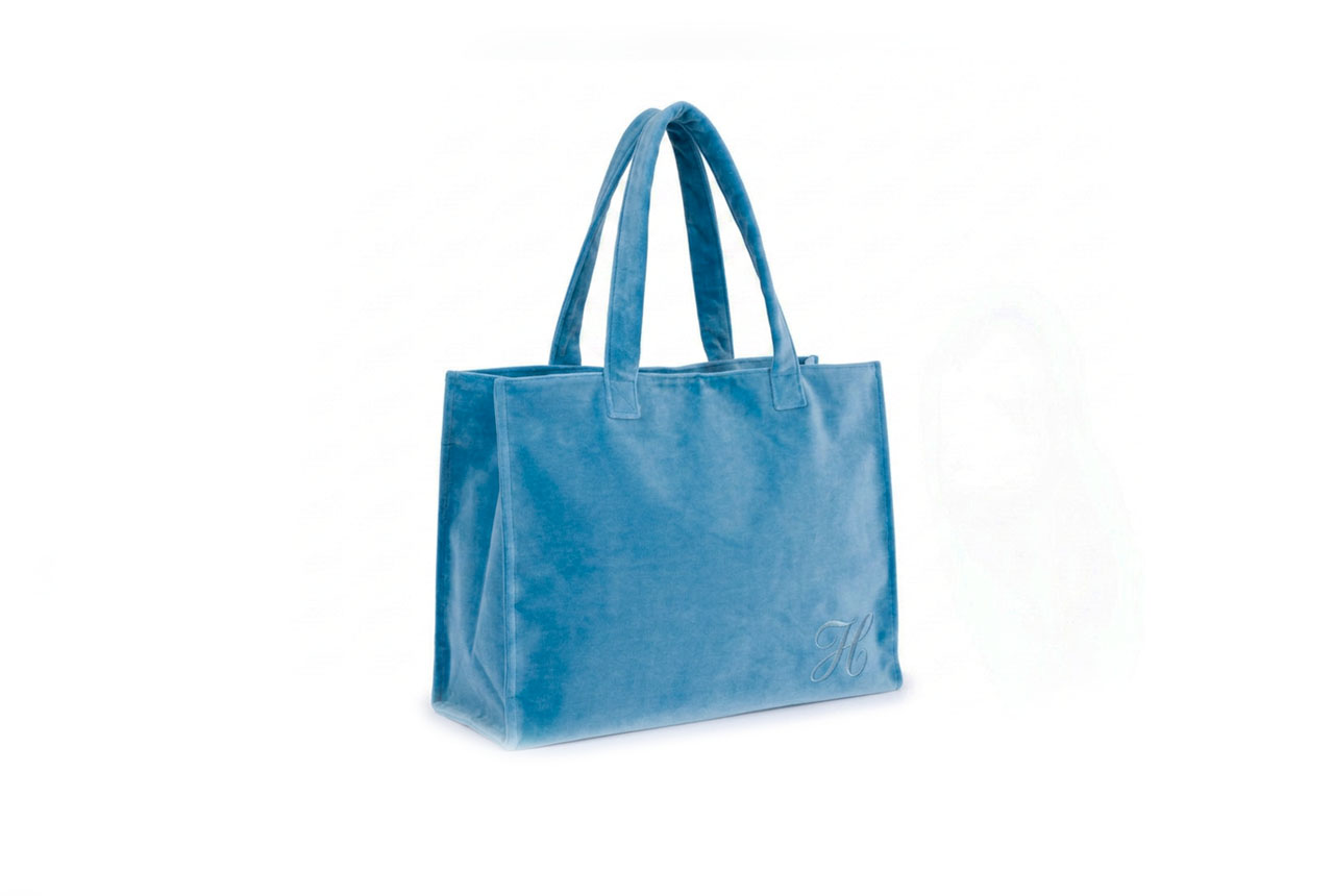 Borsa-rettangolare-azzurro-37x29x16x10-Manici-Spalla-laterale Borsa grande con manici a spalla in velluto colore Azzurro per donna